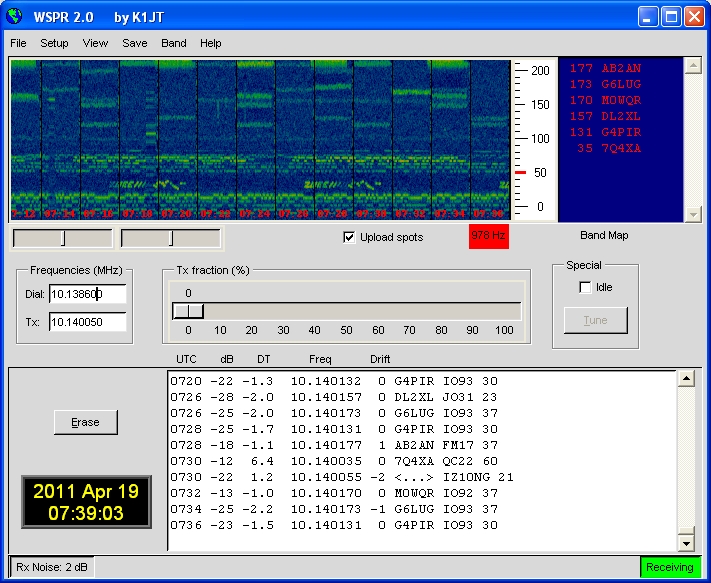 WSPR screen while monitoring 10.140 MHz